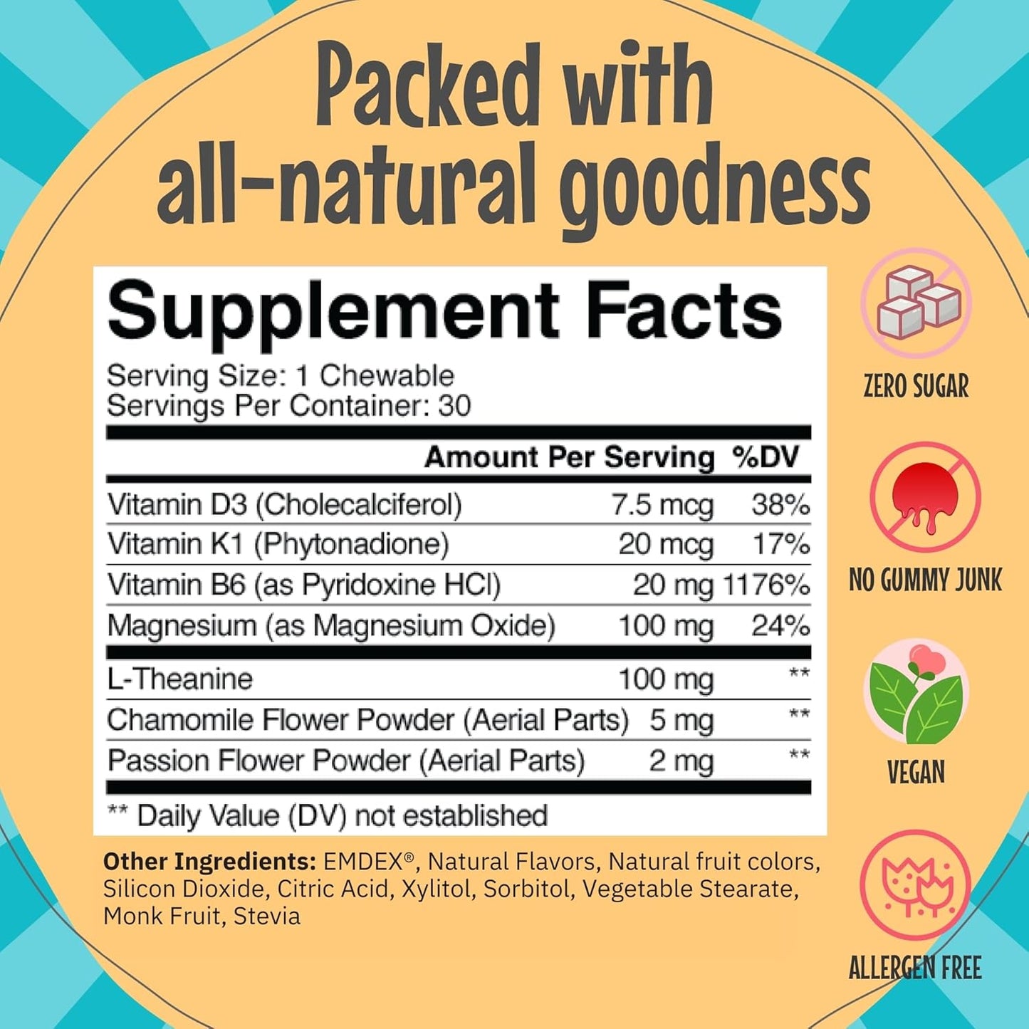 Kids Super Calm Magnesium Chewable Vitamin for Relaxation & Focus with L-Theanine | All Natural Calm Supplement | USA Made | 30 Piece