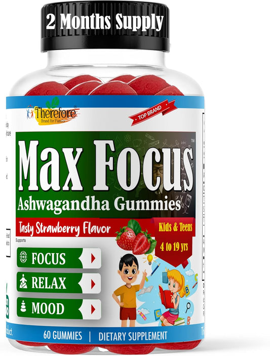Kids & Teens Ashwagandha Gummies for Calm Mood, Sleep, Memory, Energy - 60 Fruity Flavored Vegan Gummies
