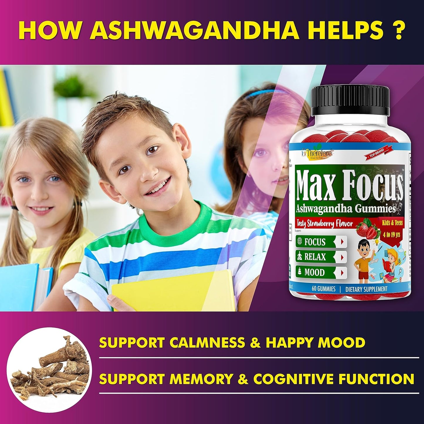 Kids & Teens Ashwagandha Gummies for Calm Mood, Sleep, Memory, Energy - 60 Fruity Flavored Vegan Gummies