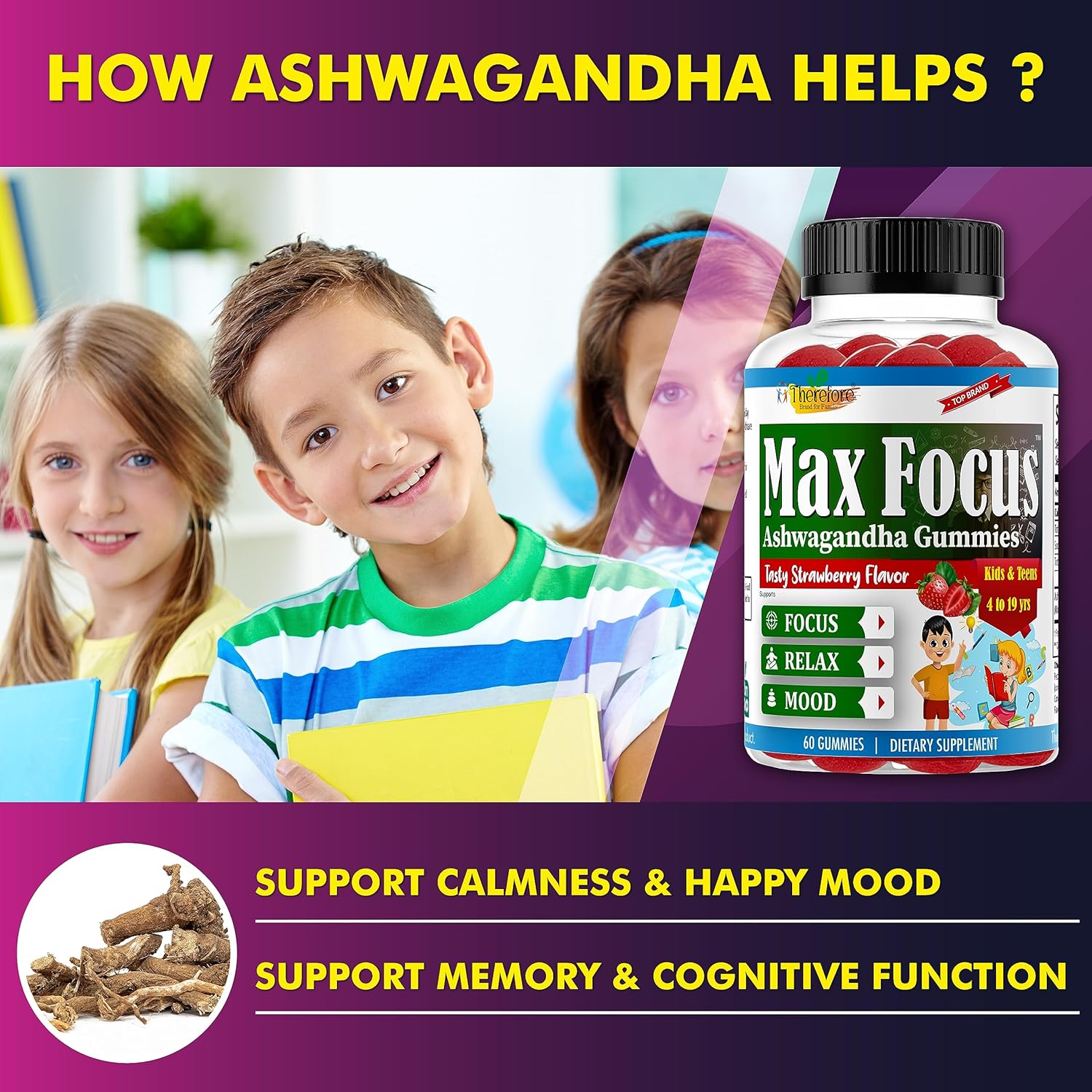 Kids & Teens Ashwagandha Gummies for Calm Mood, Sleep, Memory, Energy - 60 Fruity Flavored Vegan Gummies
