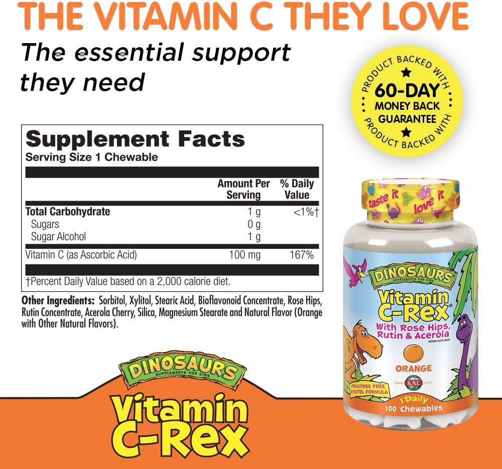 Kids Vitamin C Chewable Tablets with Bioflavonoids for Immune Support - 100 Tasty Orange Chews, Fructose Free
