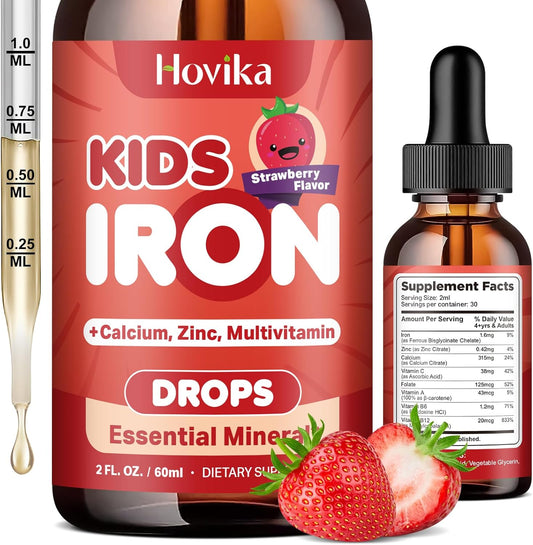 Kids & Women Liquid Iron Supplement with Calcium, Zinc, Multivitamins - Immune & Energy Support - Vegan Formula for Iron Deficiency & Anemia - 2 Fl Oz
