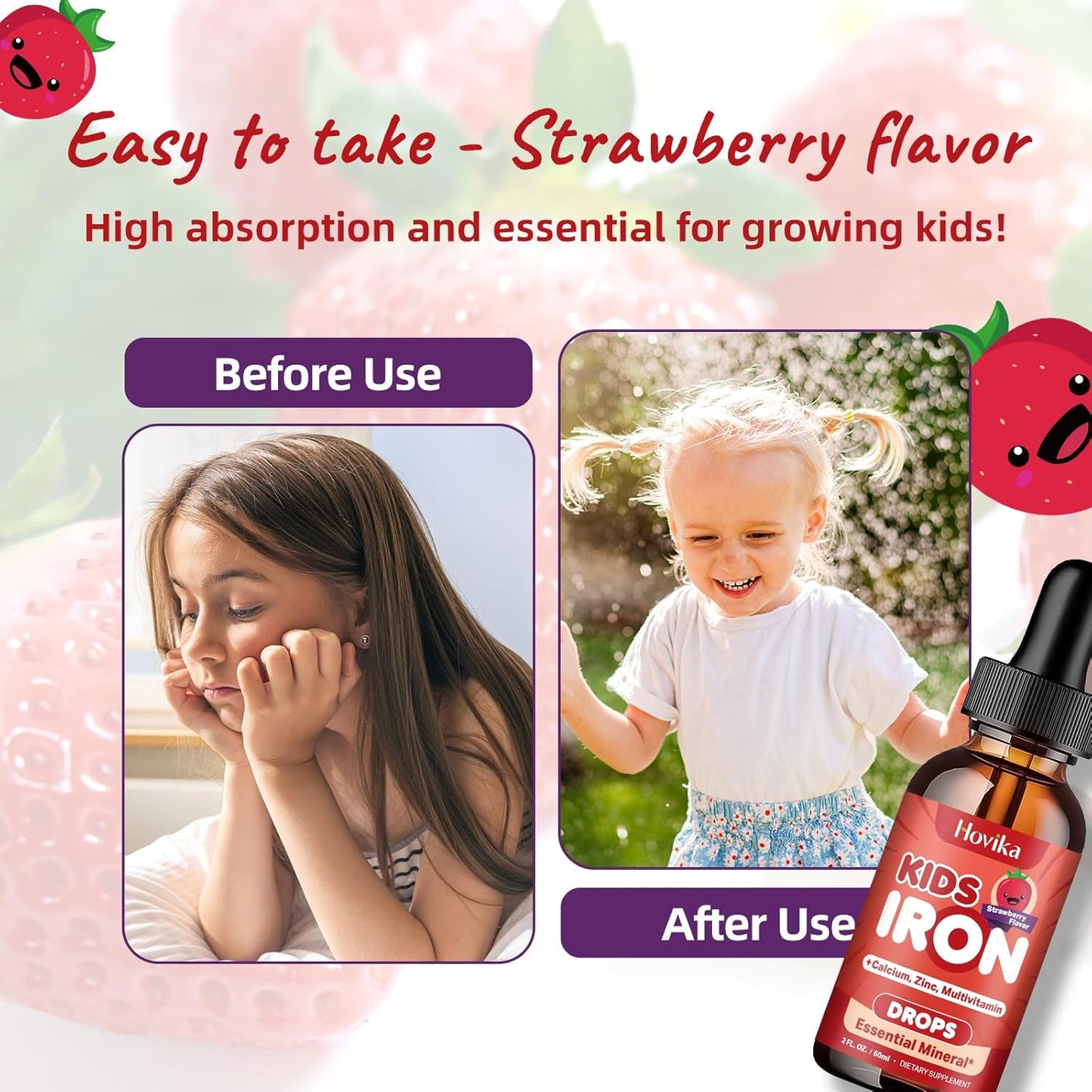 Kids & Women Liquid Iron Supplement with Calcium, Zinc, Multivitamins - Immune & Energy Support - Vegan Formula for Iron Deficiency & Anemia - 2 Fl Oz