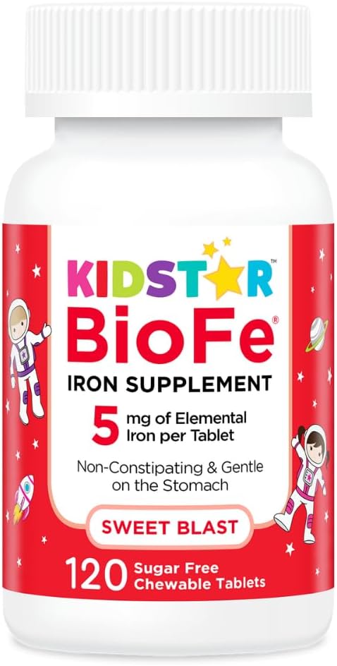 KidStar Nutrients BioFe Pure Iron Chewables - Sweet Blast Flavor, No Sugar, Xylitol Sweetened - 120 Tablets for Kids & Adults