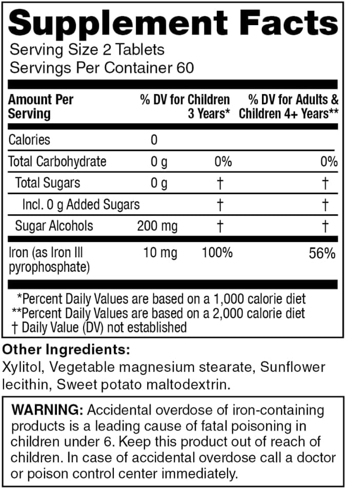 KidStar Nutrients BioFe Pure Iron Chewables - Sweet Blast Flavor, No Sugar, Xylitol Sweetened - 120 Tablets for Kids & Adults