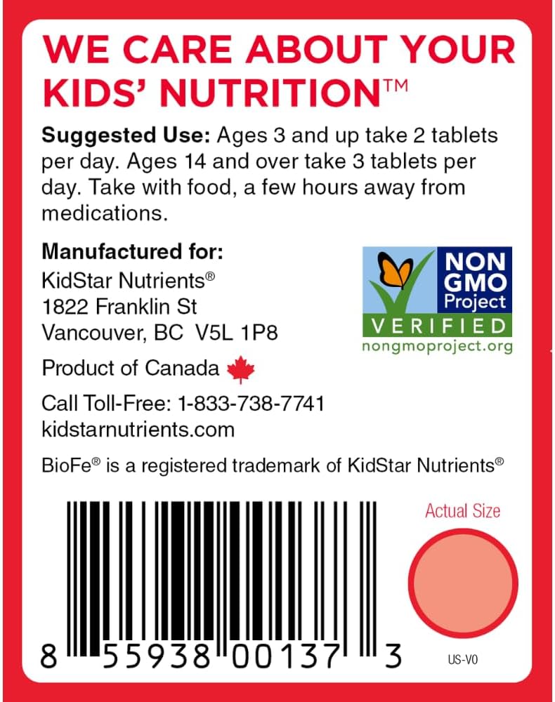 KidStar Nutrients BioFe Pure Iron Chewables - Sweet Blast Flavor, No Sugar, Xylitol Sweetened - 120 Tablets for Kids & Adults