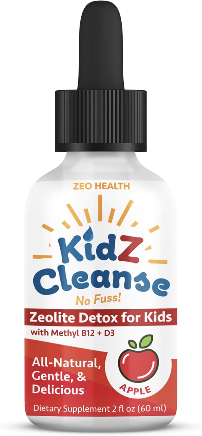 Kidz Cleanse Zeolite Detox Supplement for Kids - Supports Development, Behavior, Energy, Gut Health - Liquid Drops with Methyl B12, D3 (Apple Flavor) - 2oz