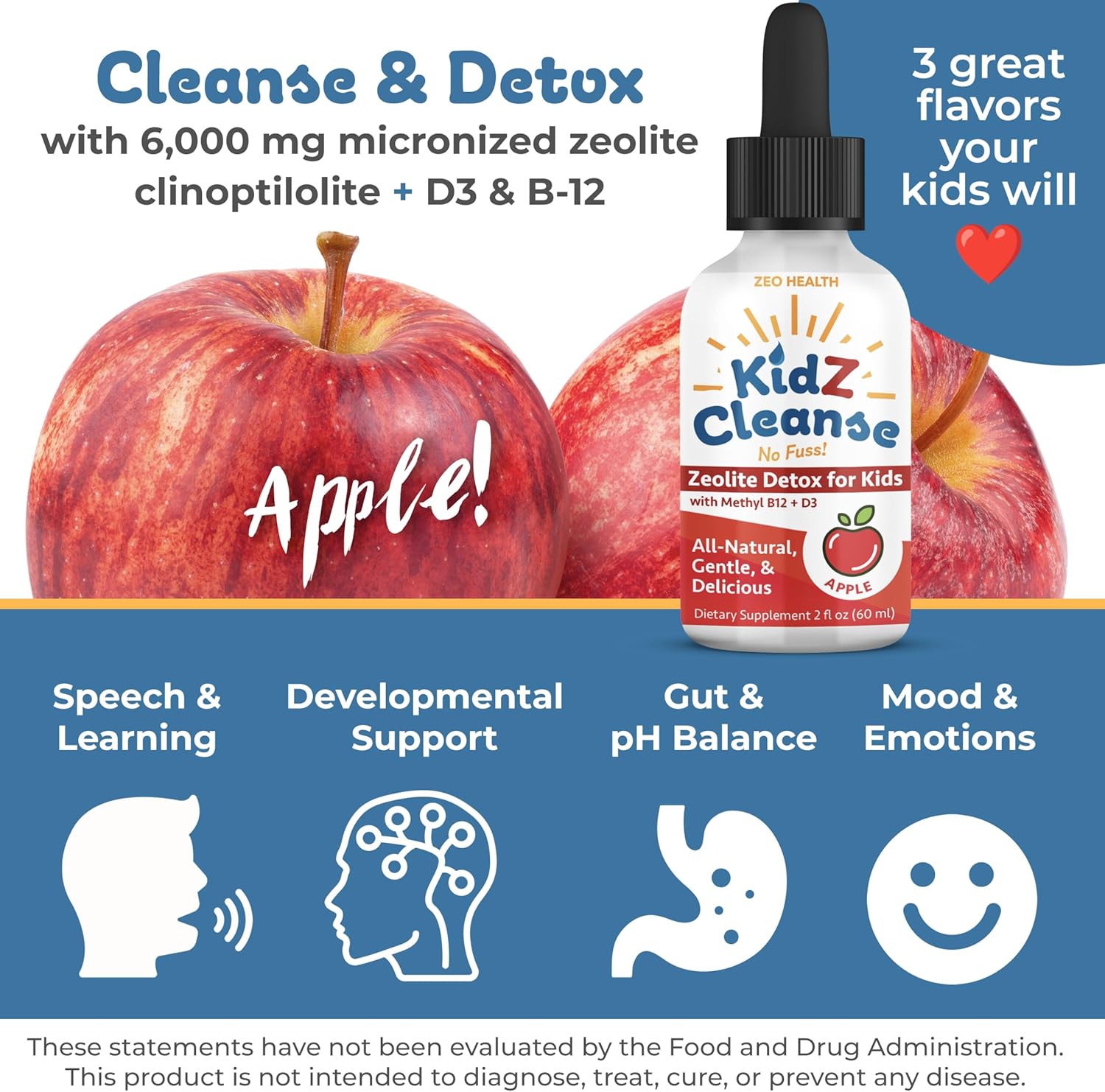 Kidz Cleanse Zeolite Detox Supplement for Kids - Supports Development, Behavior, Energy, Gut Health - Liquid Drops with Methyl B12, D3 (Apple Flavor) - 2oz