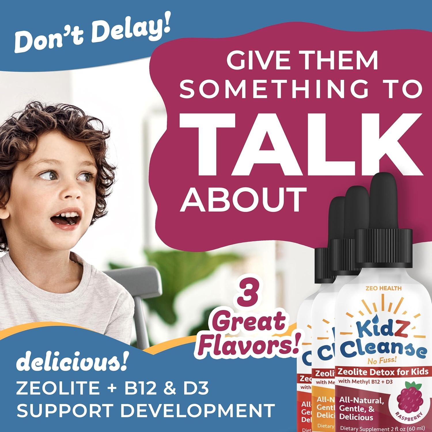 Kidz Cleanse Zeolite Detox Supplement for Kids - Supports Development, Behavior, Energy, Gut Health - Liquid Drops with Methyl B12, D3 (Apple Flavor) - 2oz