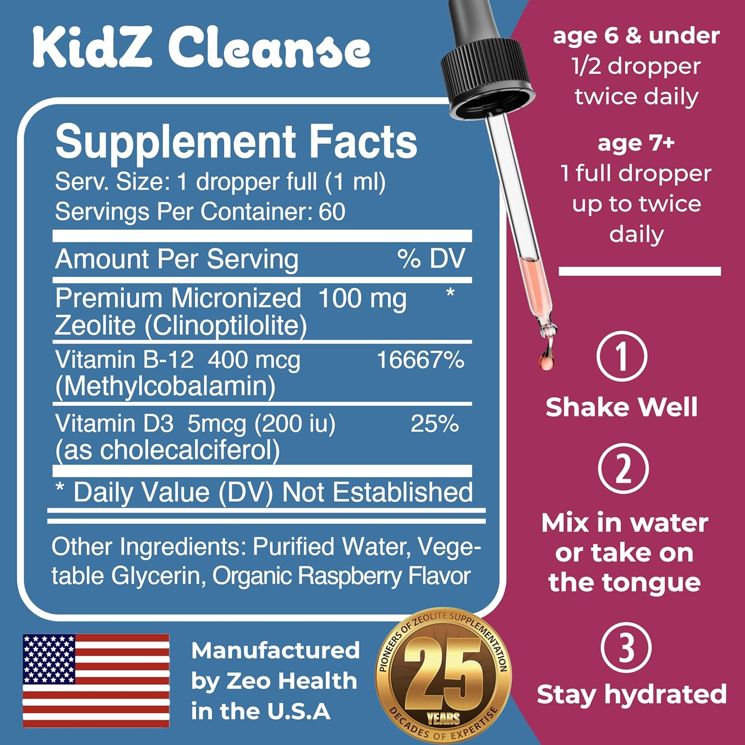 Kidz Cleanse Zeolite Detox Supplement for Kids - Supports Development, Behavior, Energy, Gut Health - Liquid Drops with Methyl B12, D3 (Apple Flavor) - 2oz