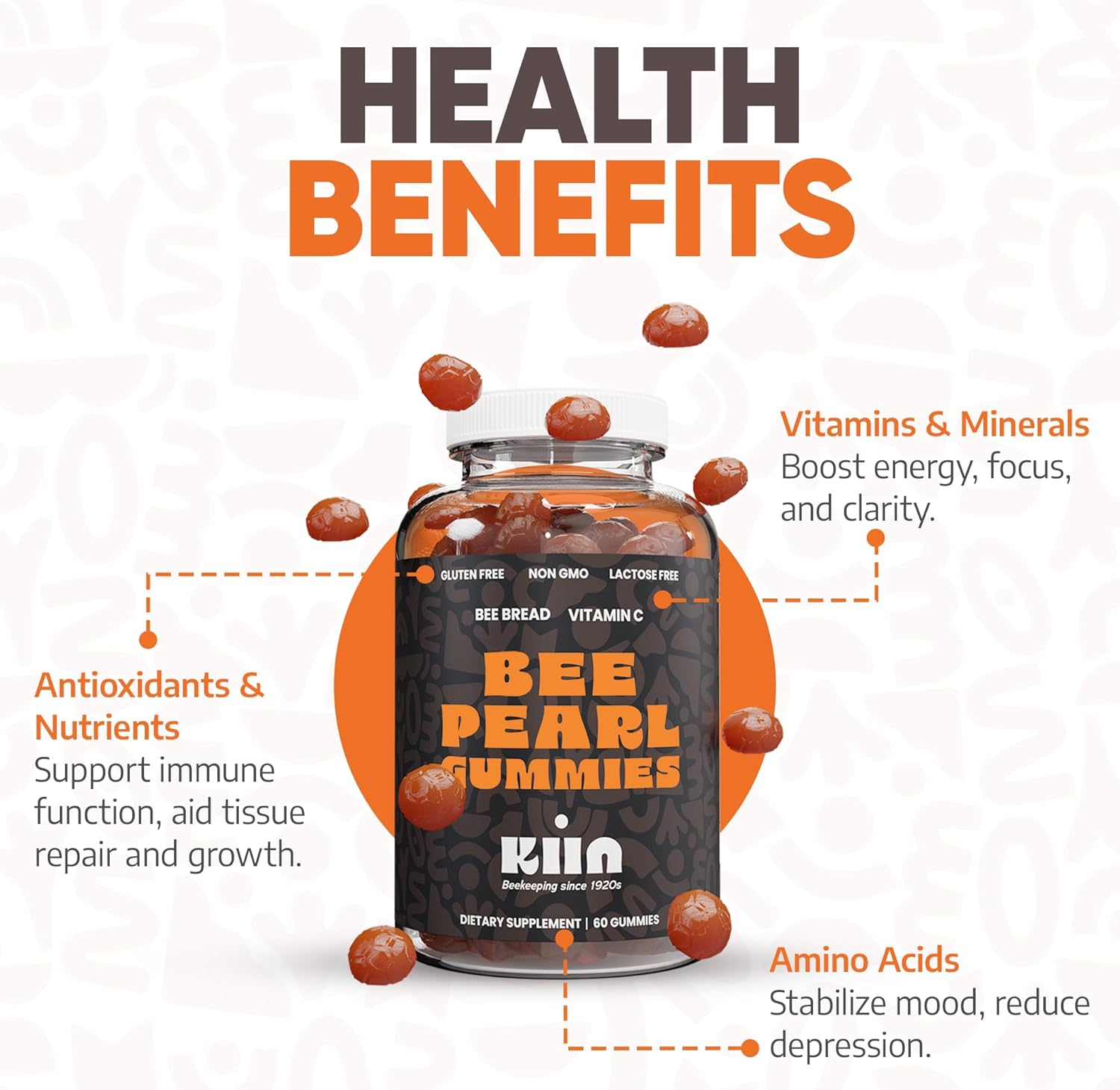 Kiin Bee Bread Gummies: Natural Multivitamin with Fermented Pollen & Honey for Energy, Metabolism, Sleep, and Immunity - Rich in Vitamins and Antioxidants