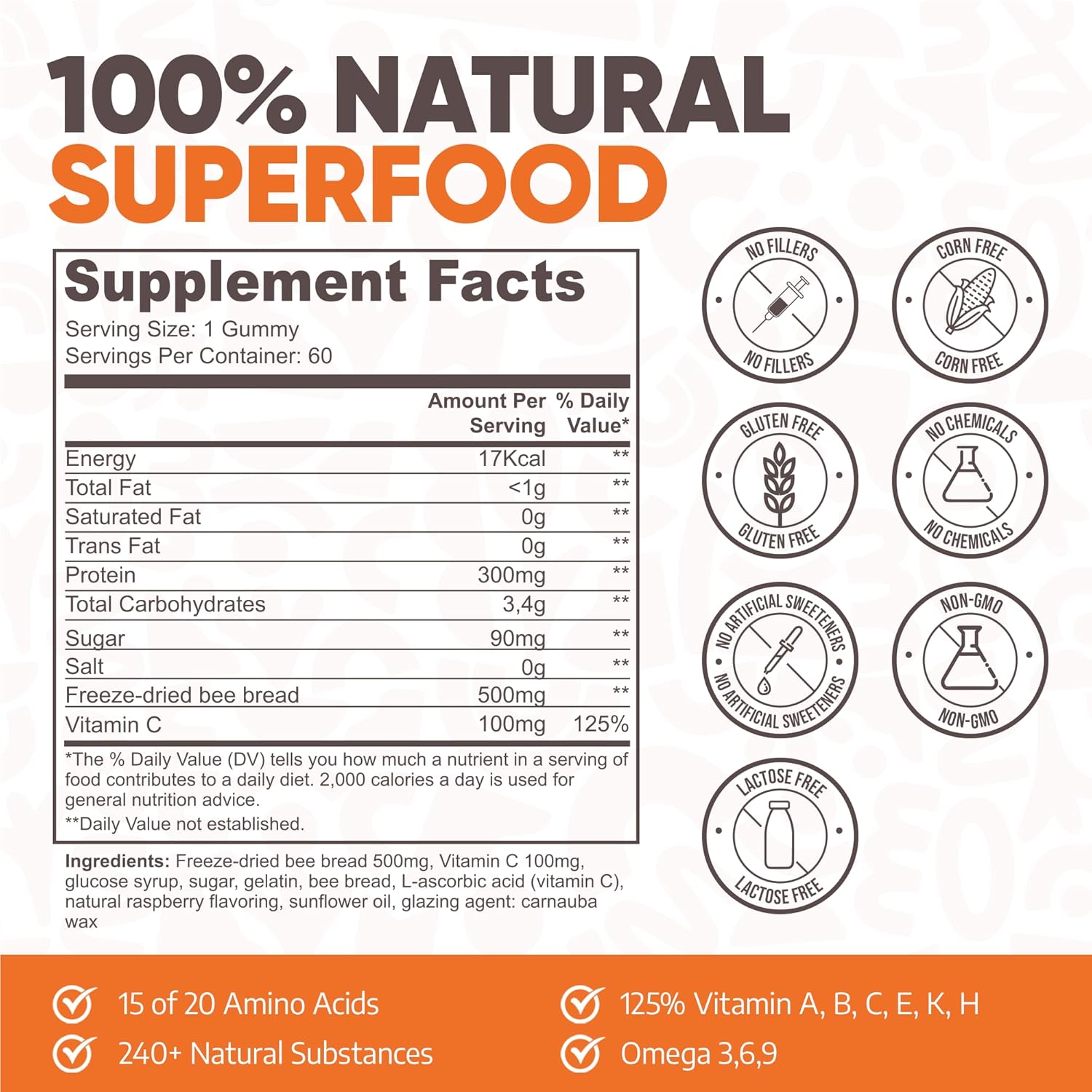 Kiin Bee Bread Gummies: Natural Multivitamin with Fermented Pollen & Honey for Energy, Metabolism, Sleep, and Immunity - Rich in Vitamins and Antioxidants