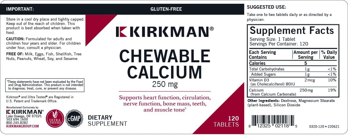 Kirkman - Calcium 250mg with Vitamin D3 Tablets - Promotes Strong Bones - Essential Minerals - Hypoallergenic Formula