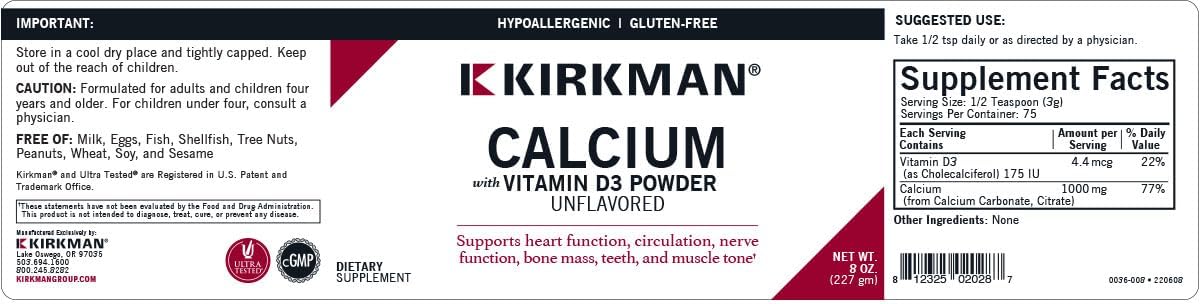 Kirkman Calcium and Vitamin D3 Powder 8 oz Unflavored - Supports Bone Health and Mineral Balance