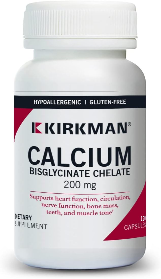 Kirkman Calcium Bisglycinate Chelate Capsules 120 Count - 200mg - Supports Bone Health - Hypoallergenic Formula