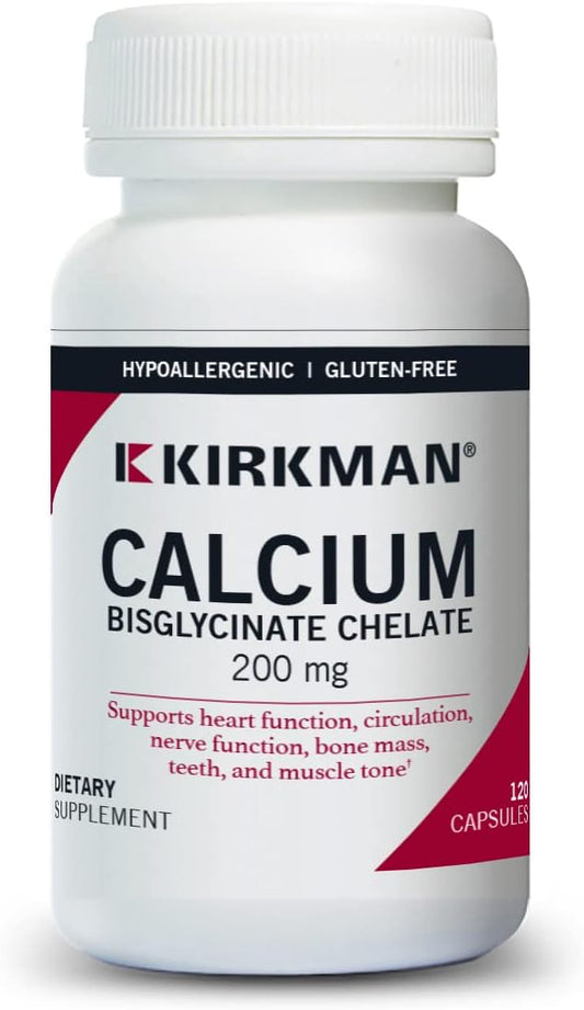 Kirkman Calcium Bisglycinate Chelate Capsules 120 Count - 200mg - Supports Bone Health - Hypoallergenic Formula