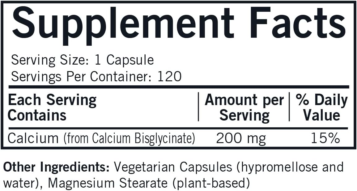 Kirkman Calcium Bisglycinate Chelate Capsules 120 Count - 200mg - Supports Bone Health - Hypoallergenic Formula