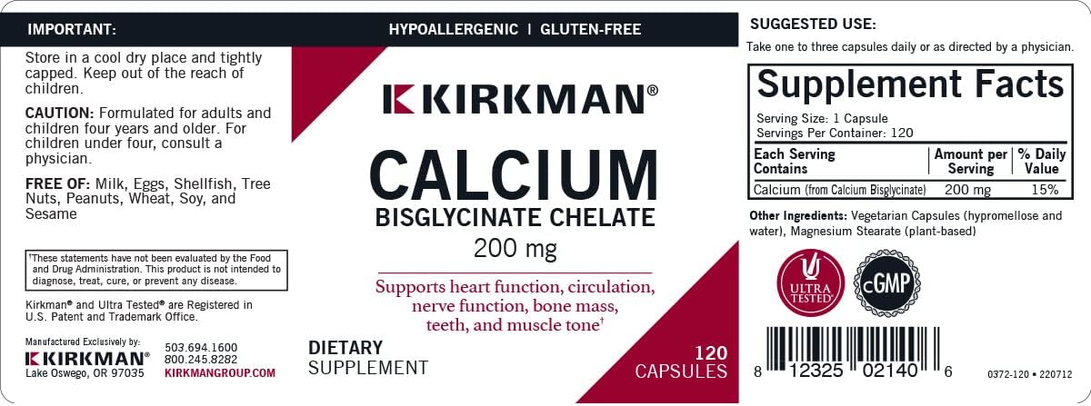 Kirkman Calcium Bisglycinate Chelate Capsules 120 Count - 200mg - Supports Bone Health - Hypoallergenic Formula