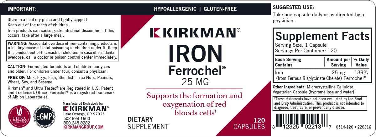 Kirkman Iron 25 mg Bio-Max Capsules - Hypoallergenic - 120 Count