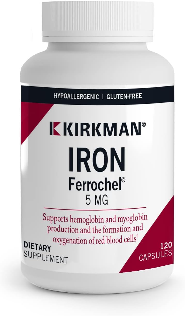 Kirkman Iron Ferrochel 5mg Capsules - Supports Hemoglobin & Myoglobin - Red Blood Cell Formation - 120 Count
