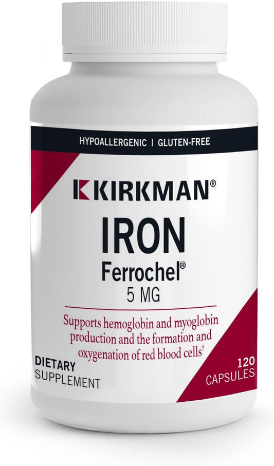 Kirkman Iron Ferrochel 5mg Capsules - Supports Hemoglobin & Myoglobin - Red Blood Cell Formation - 120 Count