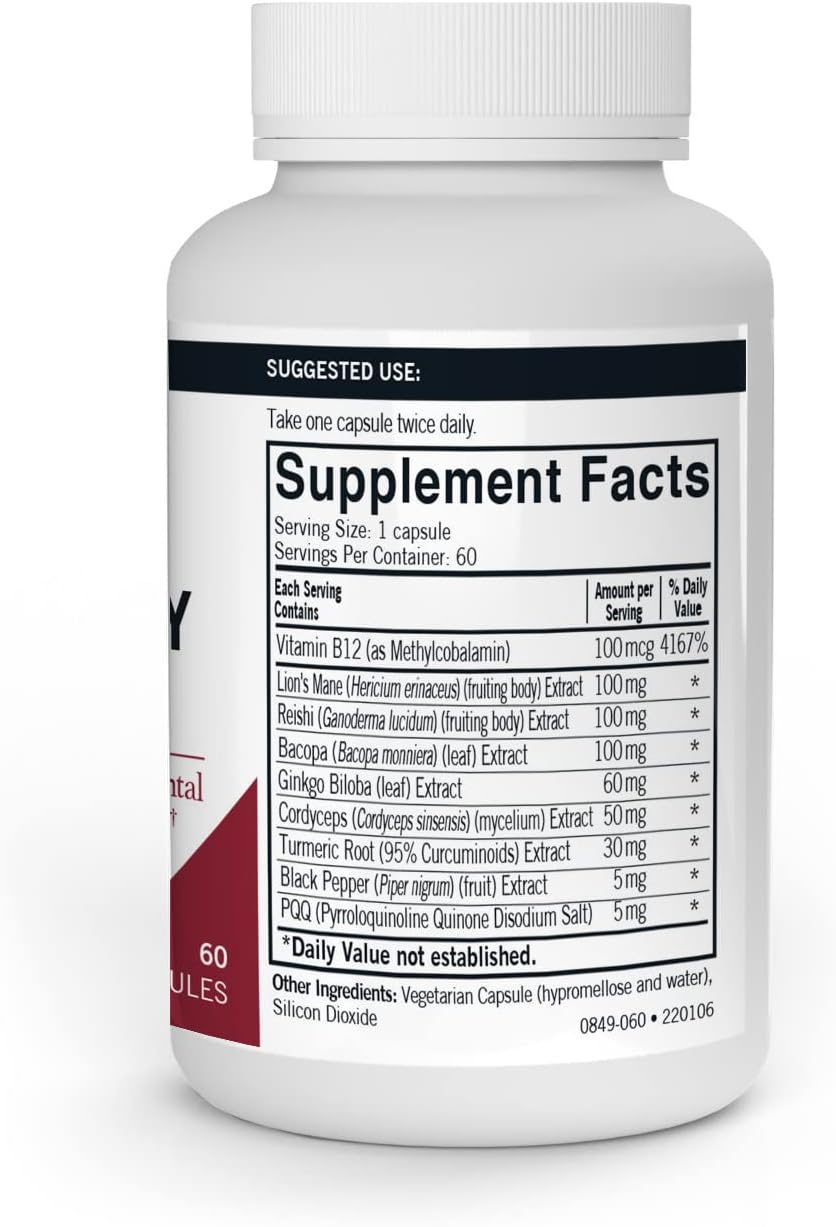 Kirkman Mushroom Cognitive Support Capsules - 60 Count - Hypoallergenic Formula for Mental Clarity and Focus