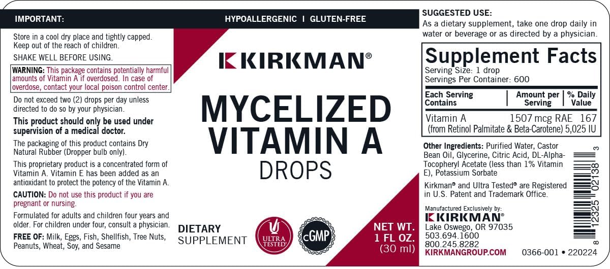 Kirkman Mycelized Vitamin A Liquid 30ml - Immune Health Support - Hypoallergenic Essential Vitamin