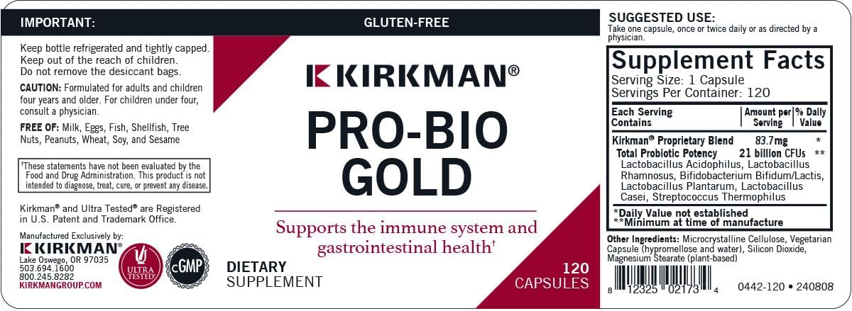 Kirkman Pro-Bio Gold Capsules - Immune Health Support with Probiotics - 120 Count - Hypoallergenic Formula