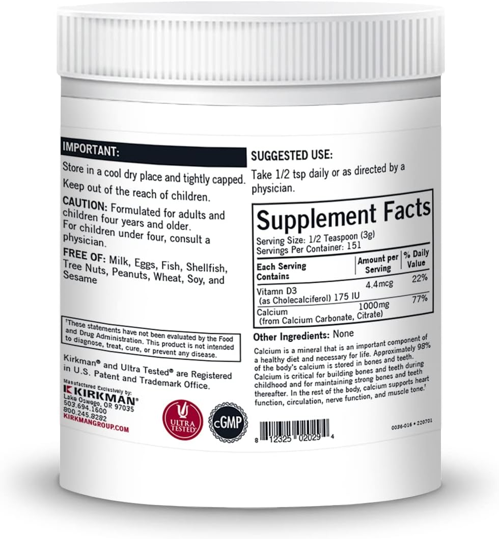 Kirkman Purest Calcium and Vitamin D-3 Powder - 454g - Unflavored - Hypoallergenic - Gluten and Casein Free - Tested for 950+ Contaminants