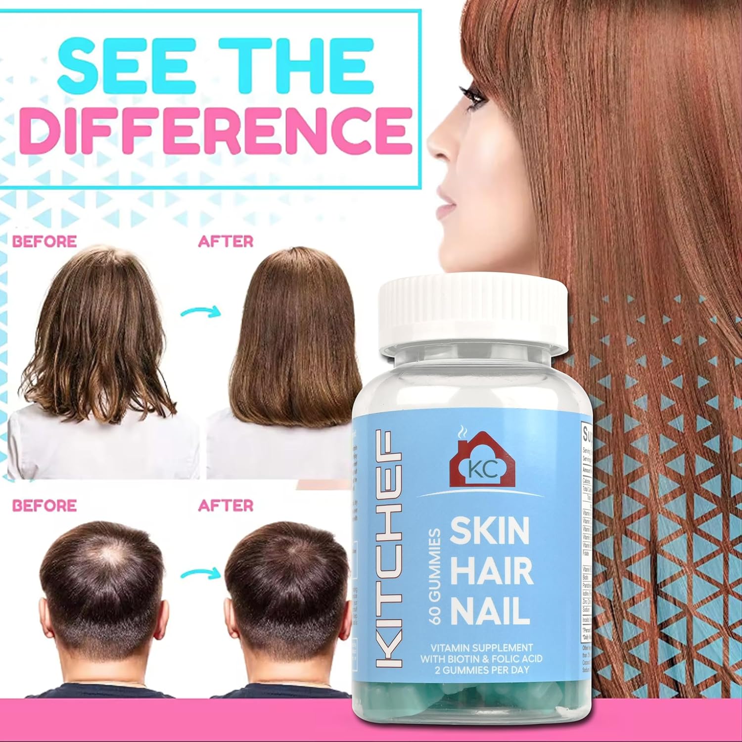 KITCHEF KC Hair Skin and Nails Gummies for Men & Women - Promotes Strong Hair, Faster Nail Growth & Healthy Skin - Natural Hair Skin and Nails Supplement
