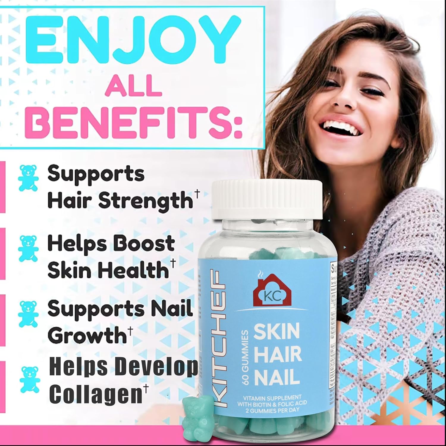 KITCHEF KC Hair Skin and Nails Gummies for Men & Women - Promotes Strong Hair, Faster Nail Growth & Healthy Skin - Natural Hair Skin and Nails Supplement