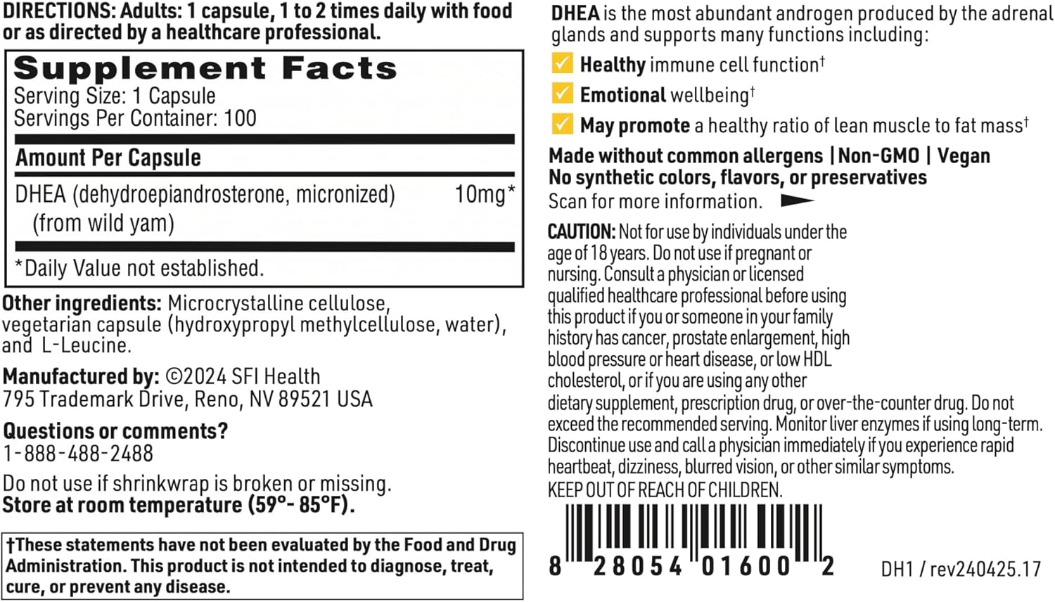 Klaire Labs DHEA 10mg Capsules - Micronized for Superior Absorption - Derived from Wild Yam - Soy-Free, Hypoallergenic Supplement for Men & Women - 100 Count