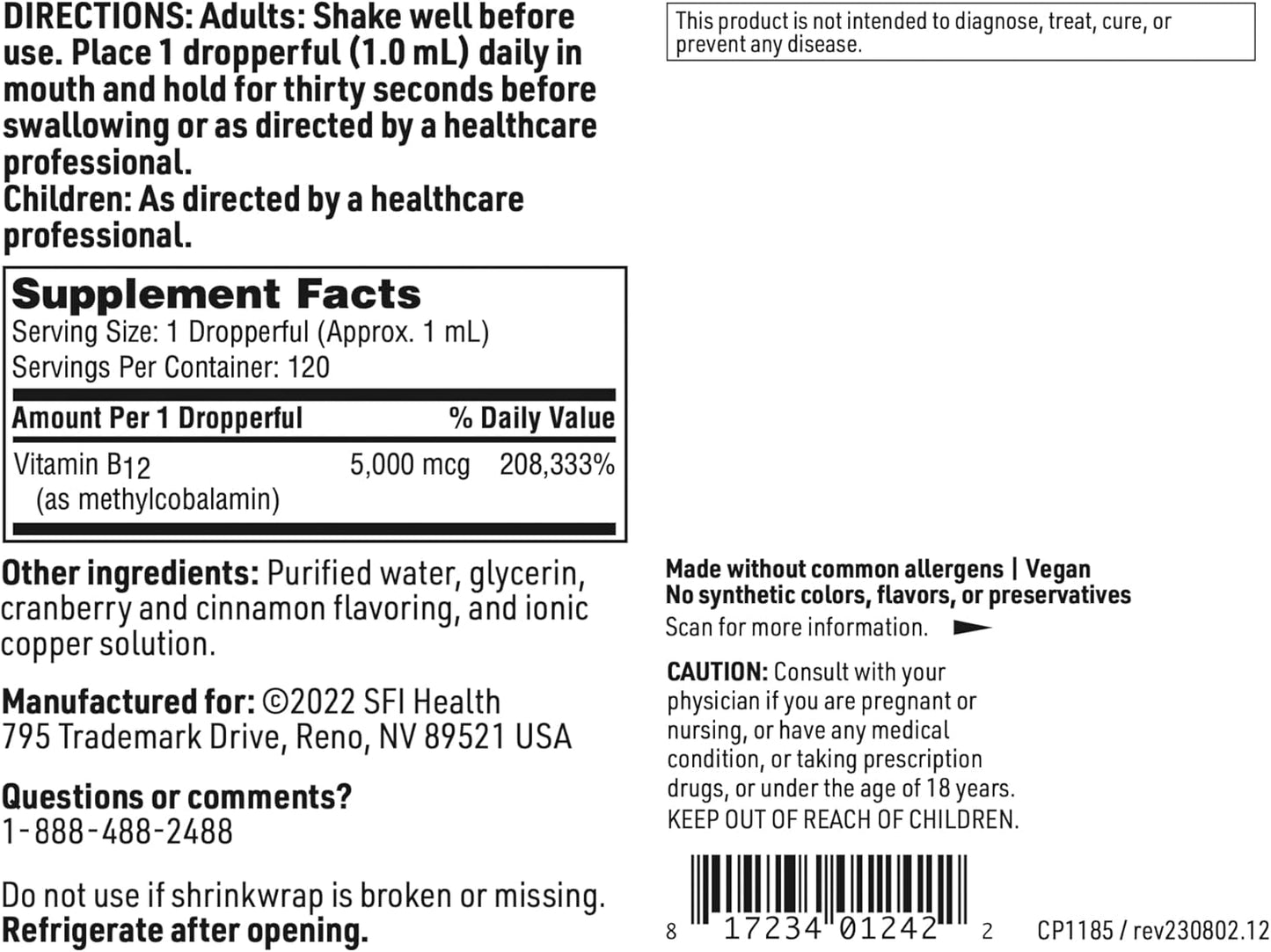 Klaire Labs Liquid Vitamin B12 Drops - 5mg Methylcobalamin for Mood & Cognitive Support - Hypoallergenic - 120 Servings
