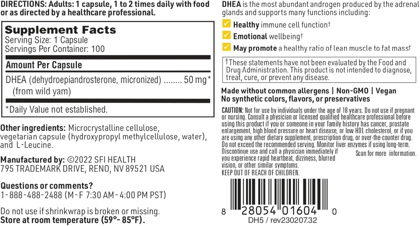 Klaire Labs SFI Health DHEA 50mg Capsules - Micronized for Superior Absorption - Soy-Free, Hypoallergenic Supplement for Men & Women - 100 Count