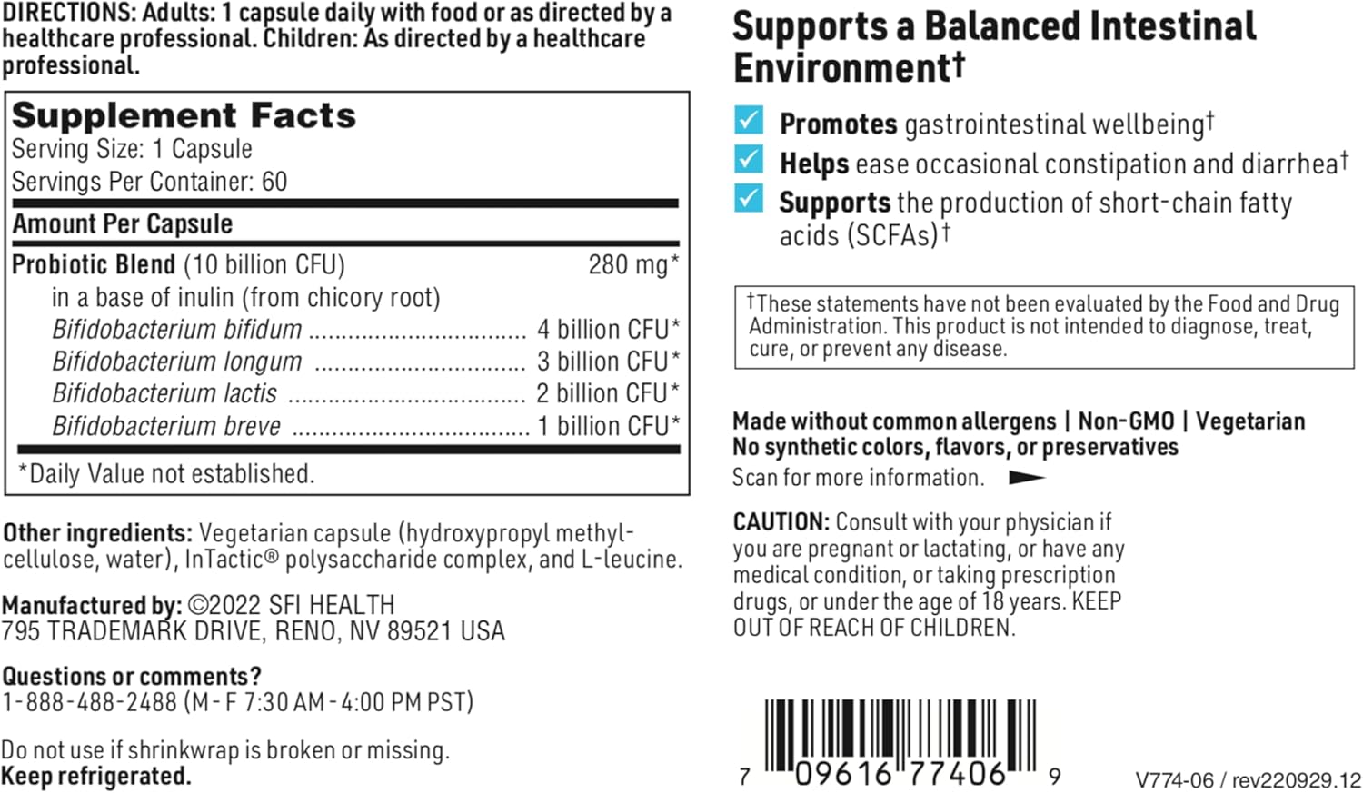 Klaire Labs Ther-Biotic Factor 4 Probiotic - 10 Billion CFU Bifidobacterium Blend - Immune & Gut Health Support - Hypoallergenic Formula - 60 Capsules