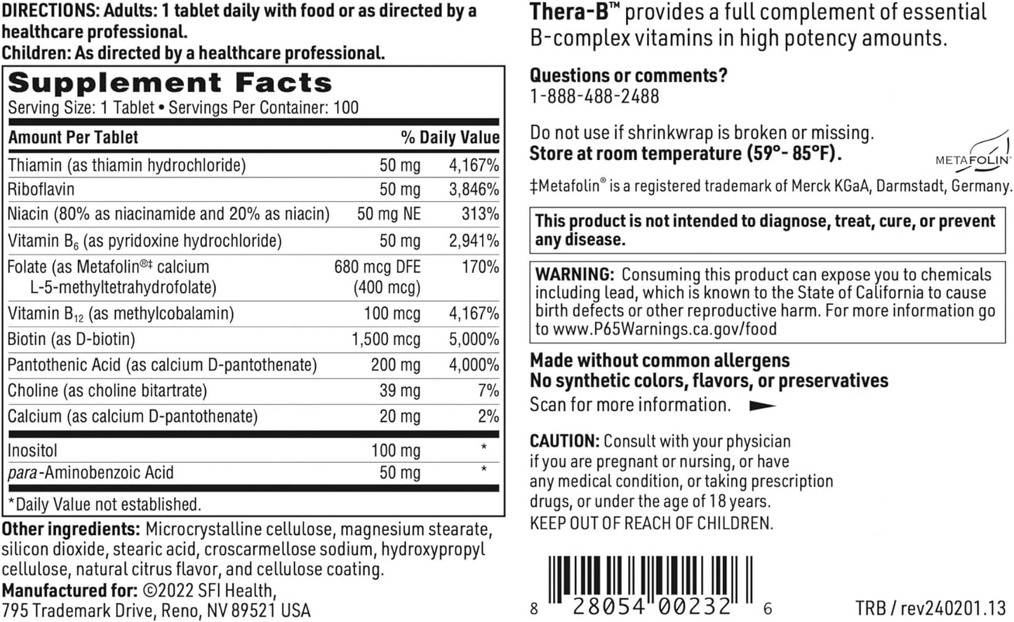 Klaire Labs Thera-B - Hypoallergenic Essential Vitamin B Complex with Activated Folate & Biotin (100 Tablets)