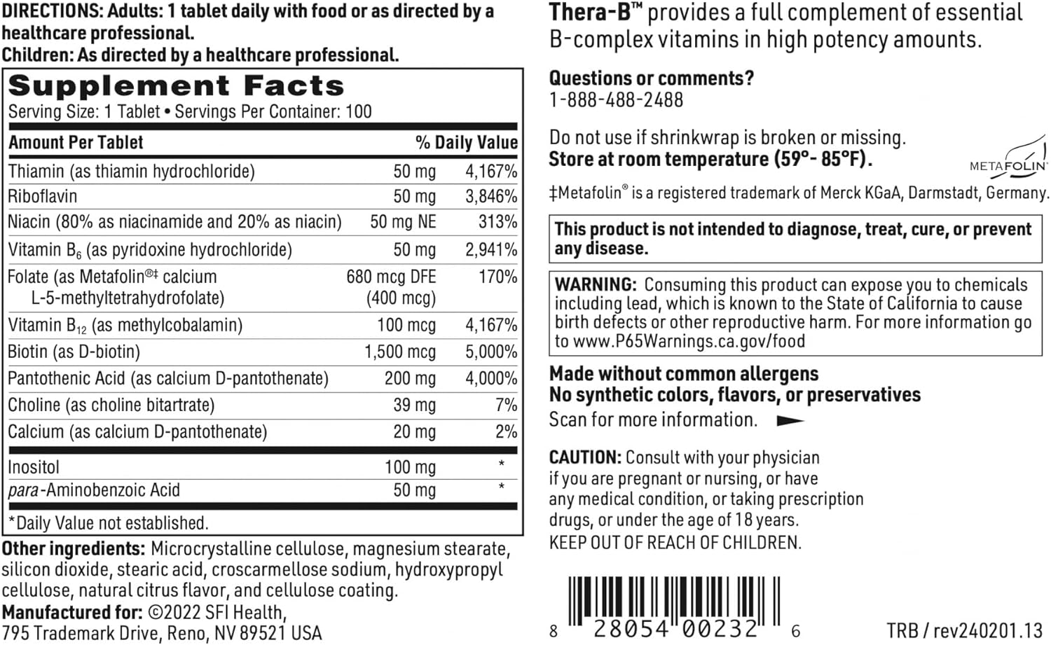 Klaire Labs Thera-B - Hypoallergenic Essential Vitamin B Complex with Activated Folate & Biotin (100 Tablets)