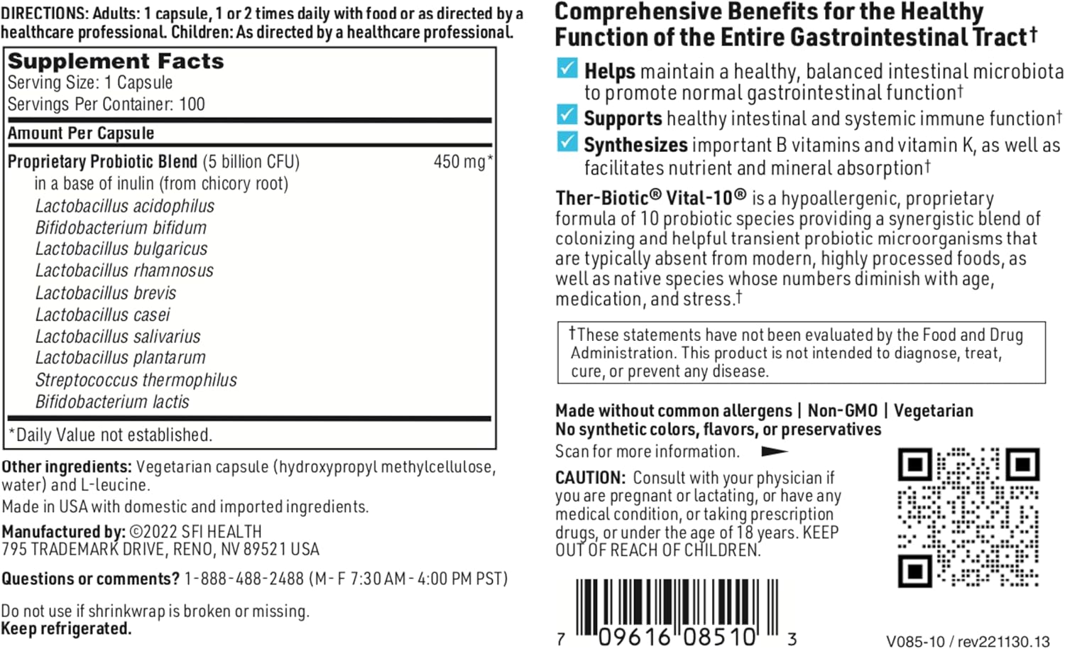 Klaire Labs Vital-10 Probiotic - 10 Species Supplement with Lactobacillus, Bifidobacterium & Streptococcus - Immune, Digestive, GI & Colon Support - 5 Billion CFU - Hypoallergenic - 100 Capsules