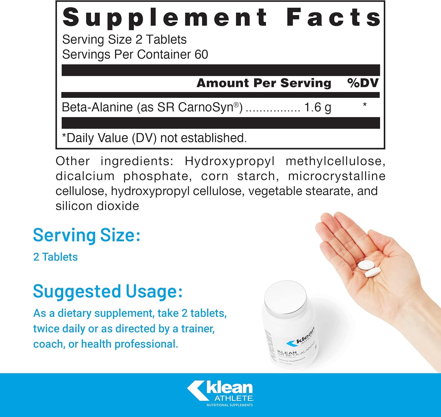 Klean ATHLETE Beta-Alanine Tablets with Sustained Release for Delaying Fatigue and Boosting Muscle Endurance - 120 Count