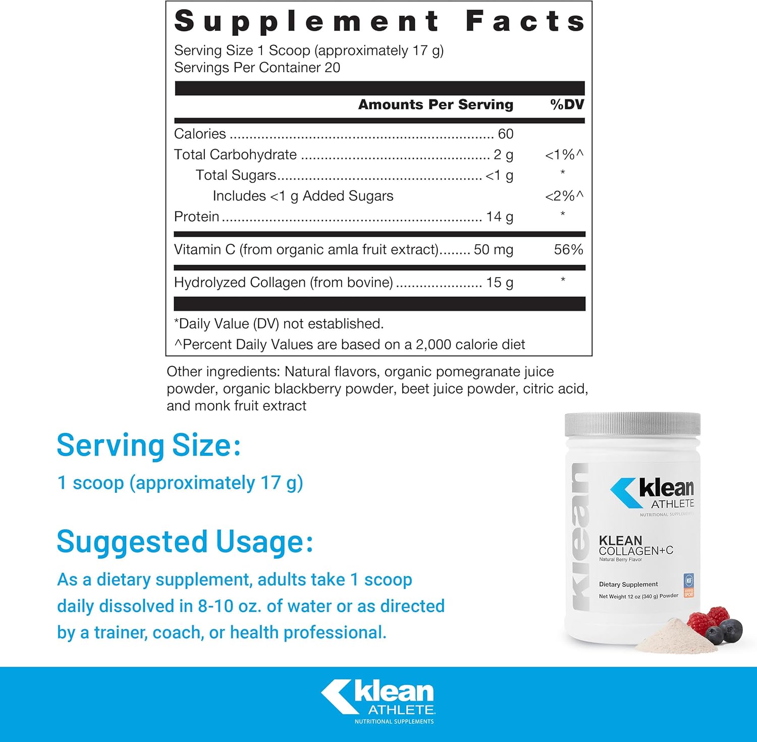 Klean ATHLETE Collagen Peptides with Vitamin C for Joint Support - Natural Berry Flavor - 12 oz