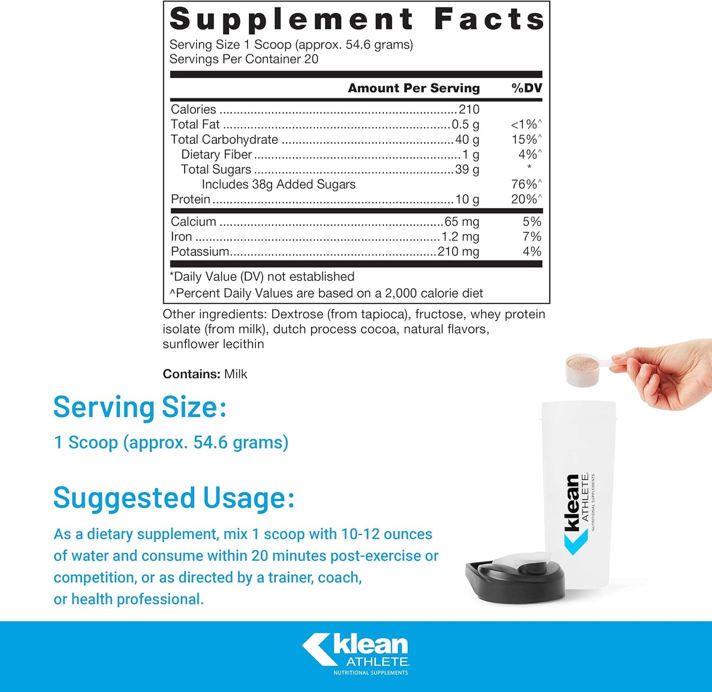 Klean ATHLETE Recovery Drink | Supports Muscle Recovery Post-Workout | NSF Certified | 38.5 oz | Milk Chocolate Flavor
