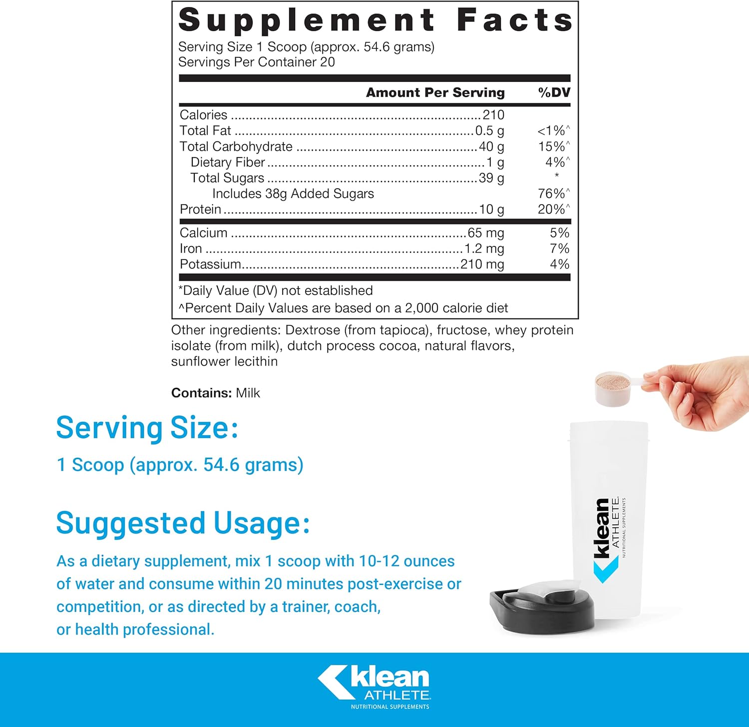 Klean ATHLETE Recovery Drink | Supports Muscle Recovery Post-Workout | NSF Certified | 38.5 oz | Milk Chocolate Flavor