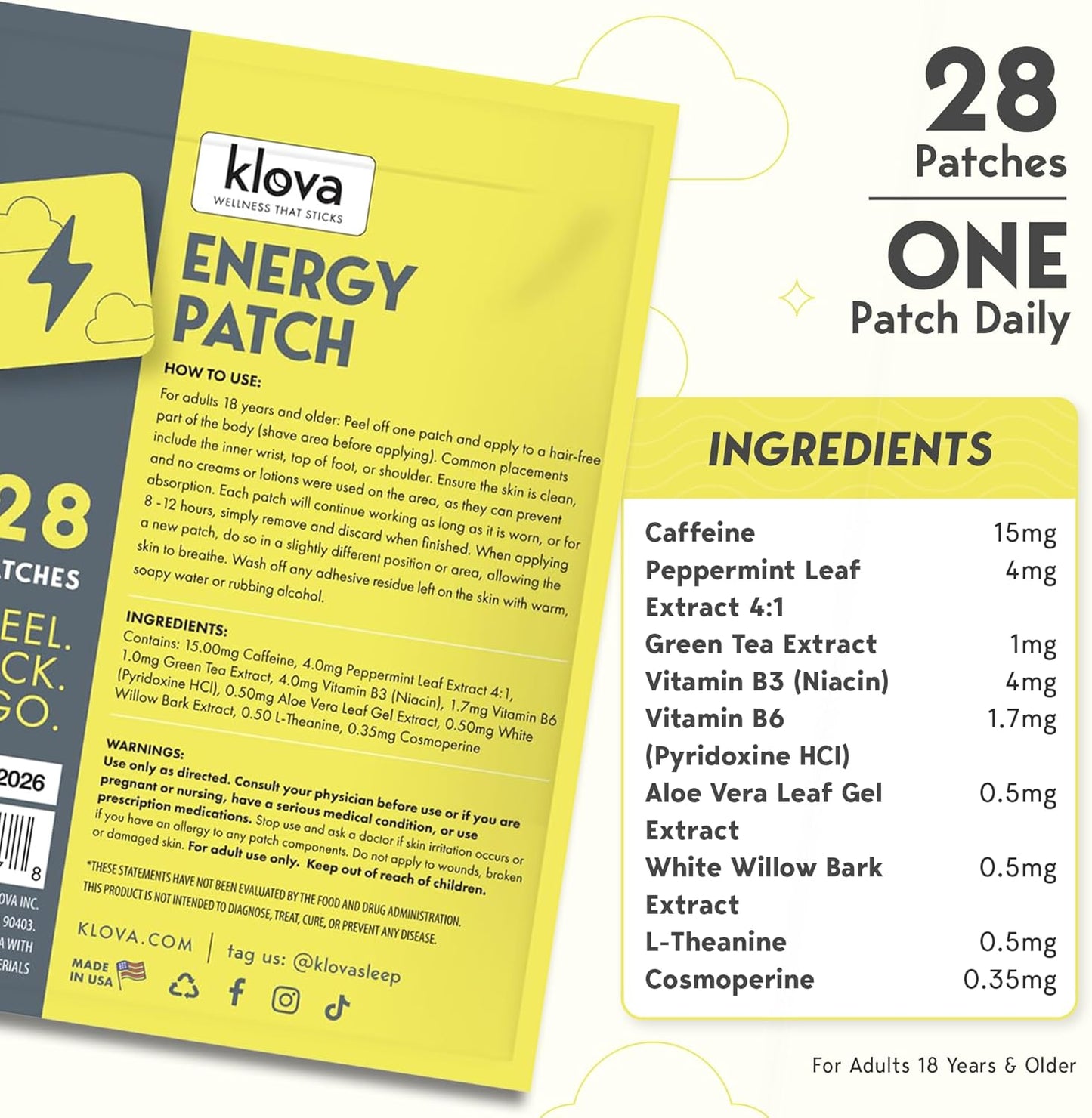 Klova Energy Patches: Caffeine, Green Tea, Peppermint, Vitamins B3 & B6 - Boost Morning Alertness