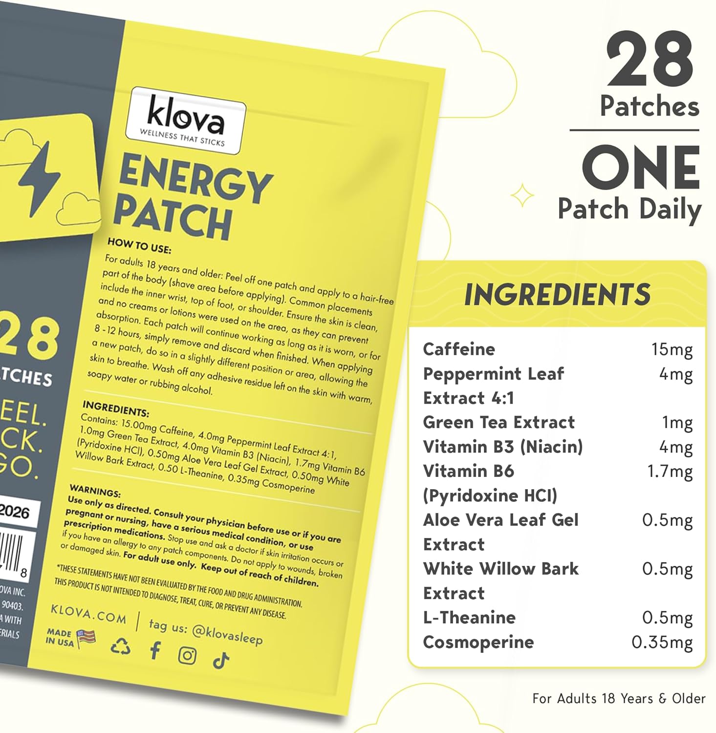 Klova Energy Patches: Caffeine, Green Tea, Peppermint, Vitamins B3 & B6 - Boost Morning Alertness