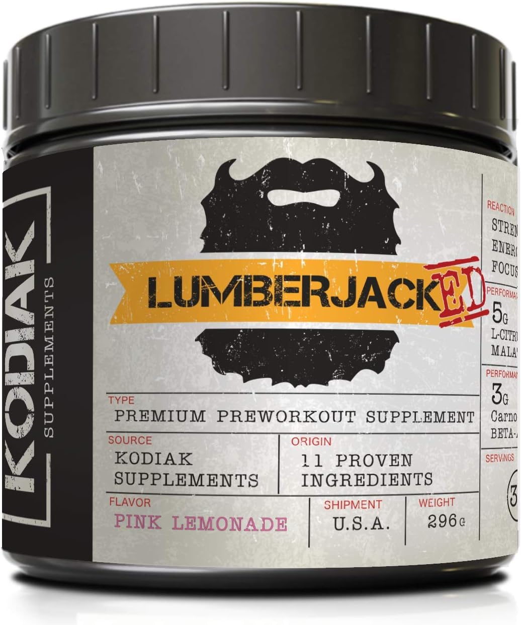 Kodiak Supplements LUMBERJACKED Pre Workout Supplement - CarnoSyn, 30 Servings, Pink Lemonade - Enhanced Pump, Strength, Energy, Focus, No Crash