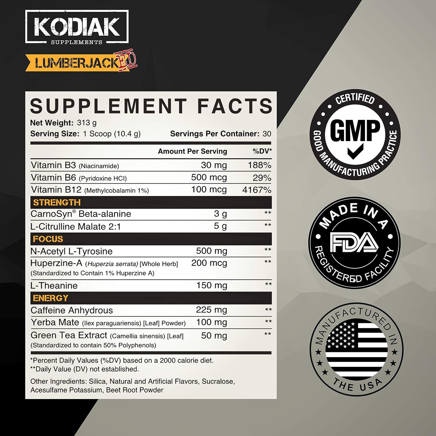 Kodiak Supplements LUMBERJACKED Pre Workout Supplement - CarnoSyn, 30 Servings, Pink Lemonade - Enhanced Pump, Strength, Energy, Focus, No Crash