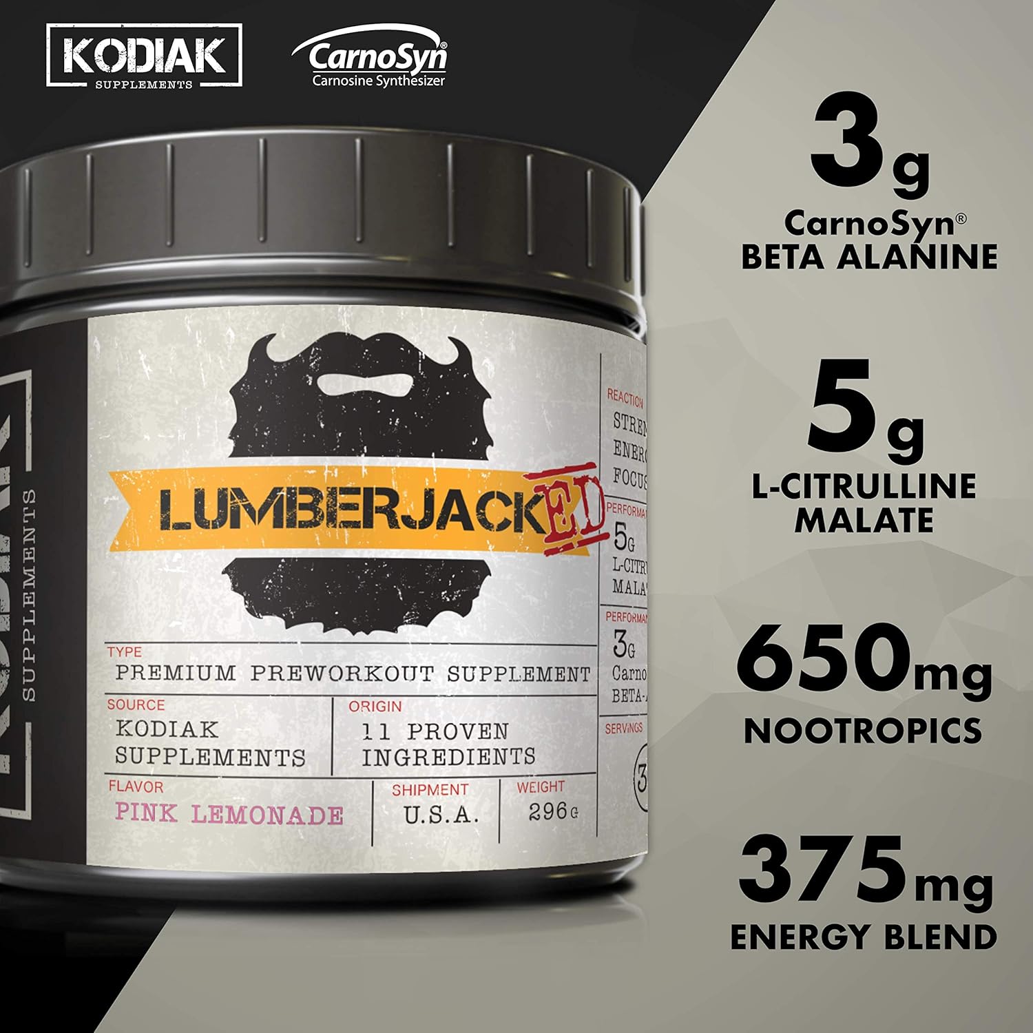 Kodiak Supplements LUMBERJACKED Pre Workout Supplement - CarnoSyn, 30 Servings, Pink Lemonade - Enhanced Pump, Strength, Energy, Focus, No Crash