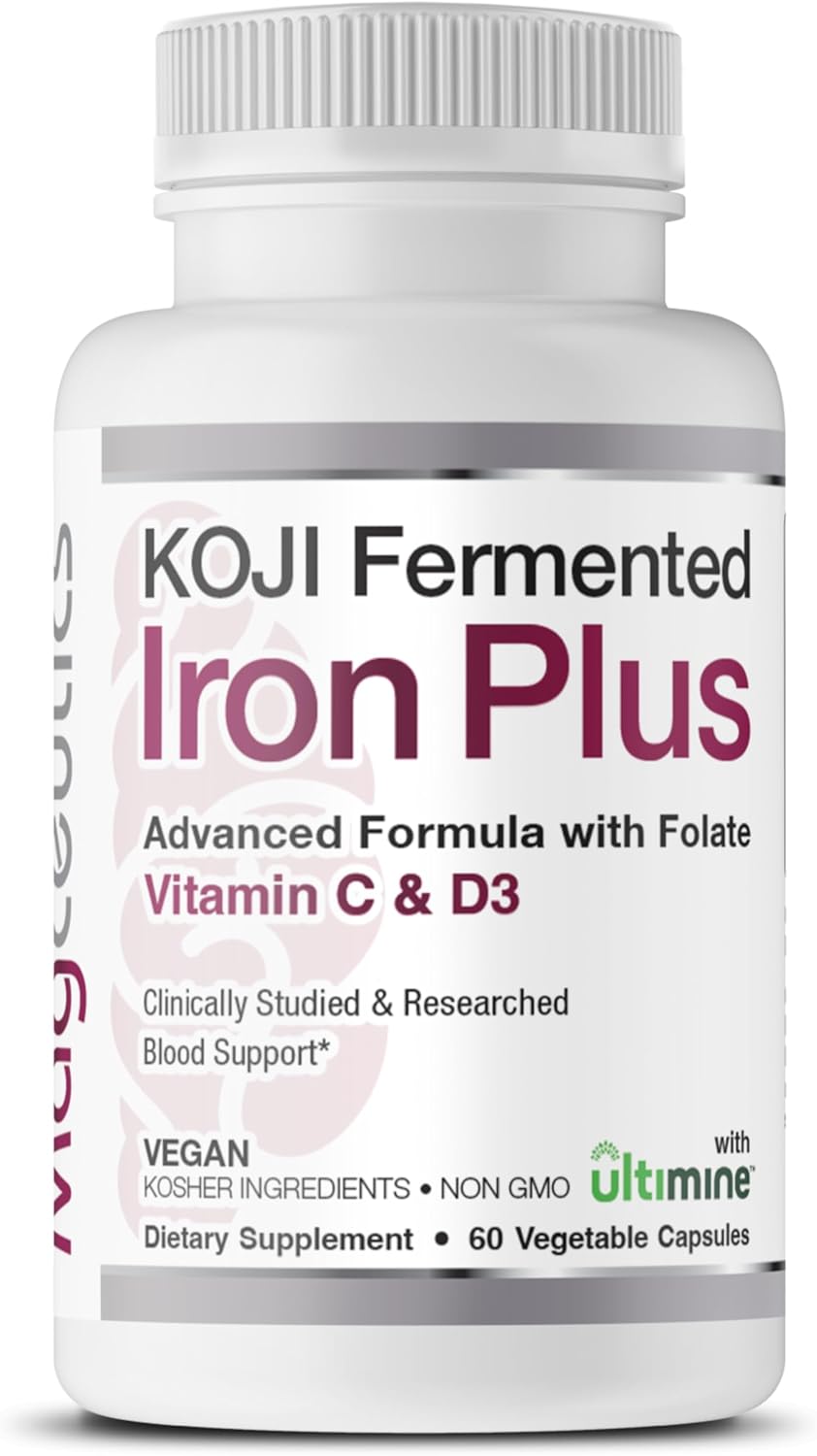 Koji Fermented Iron Plus Supplement with Vitamin C, D3, Folate - Vegan, Non-GMO - 60 Capsules for Blood Support