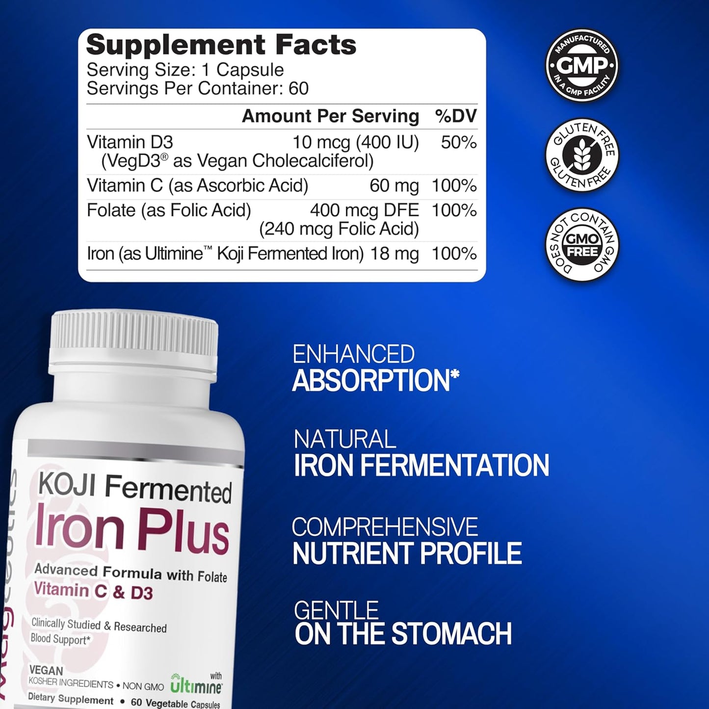 Koji Fermented Iron Plus Supplement with Vitamin C, D3, Folate - Vegan, Non-GMO - 60 Capsules for Blood Support