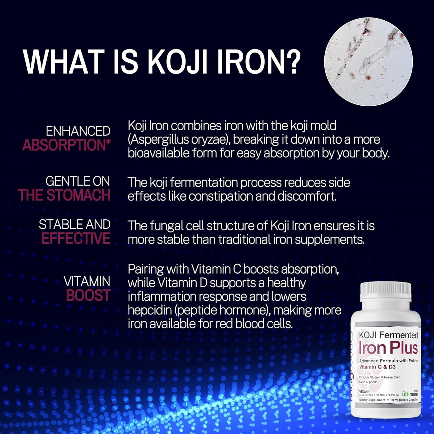 Koji Fermented Iron Plus Supplement with Vitamin C, D3, Folate - Vegan, Non-GMO - 60 Capsules for Blood Support